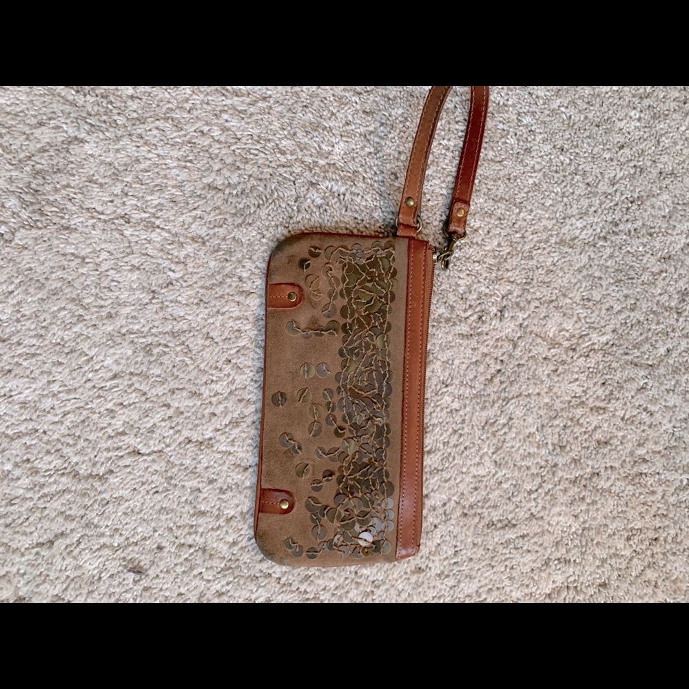 Brown Beaded Genuine Leather Wristlet